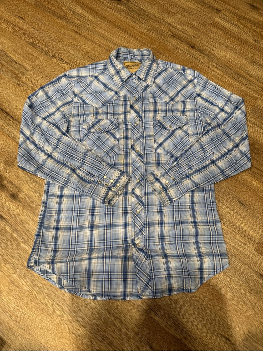 Vintage Wrangler Pearl Snap Western Shirt - Blue Plaid Double Snap Pockets